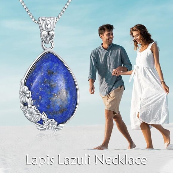 Lapis Lazuli Silver Necklace 18+2in Boho Gift for Women December Birthstone - Picture 6 of 6